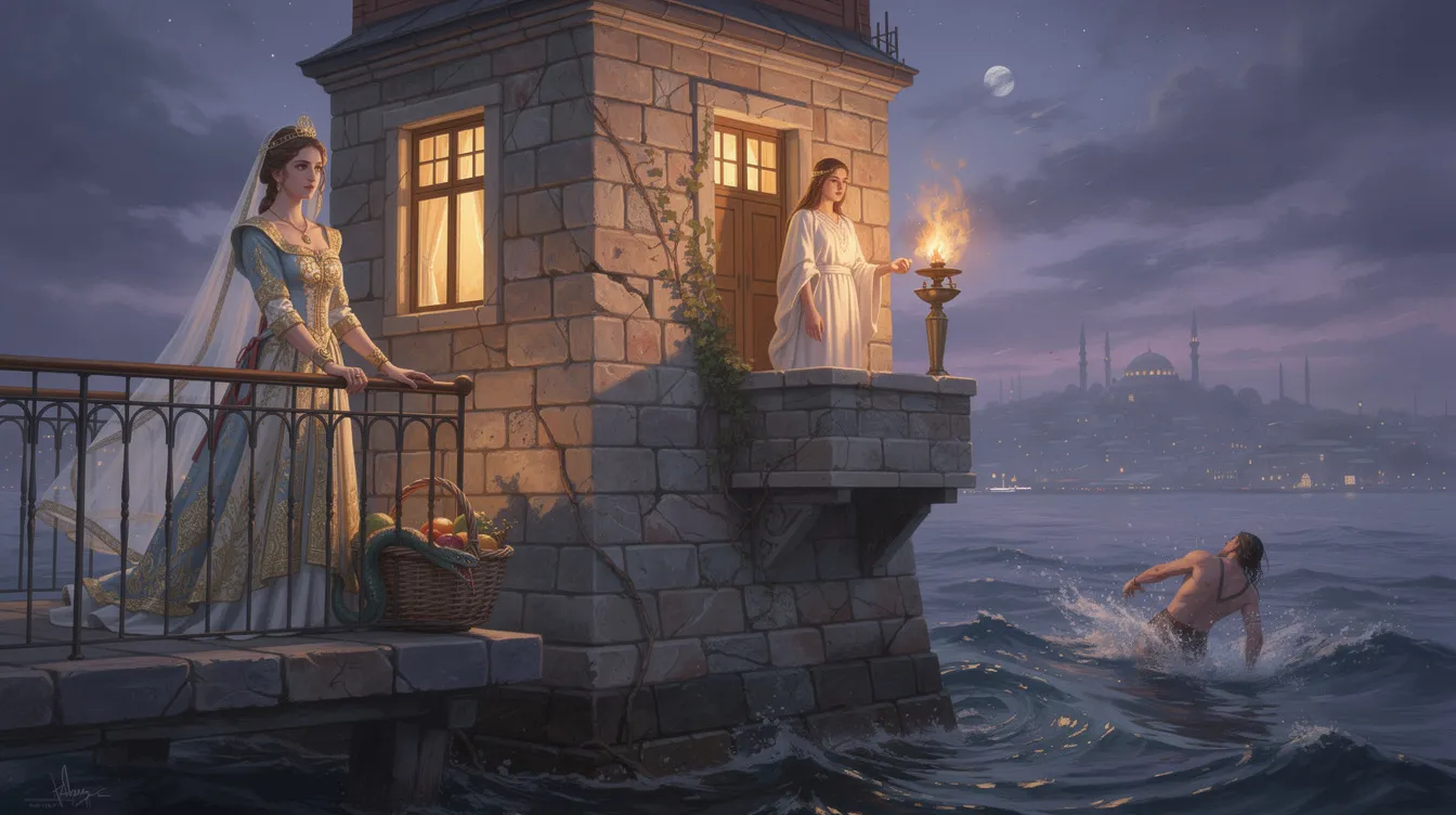 The image depicts the historic Maiden's Tower, a striking landmark located on a small islet at the entrance of the Bosphorus Strait, surrounded by water and offering stunning views of Istanbul's skyline. This iconic tower, rich in history and steeped in famous legends, serves as a symbol of eternal love and mystery, making it a must-visit destination for those exploring Istanbul.