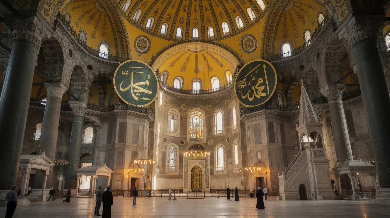 The image depicts the stunning architecture of Hagia Sophia, showcasing its grand central dome and intricate mosaics that reflect both Byzantine and Ottoman influences. Visitors can admire the harmonious blend of Christian and Islamic art, highlighted by the monumental medallions inscribed with elegant Islamic calligraphy, making it a must-visit UNESCO World Heritage Site.