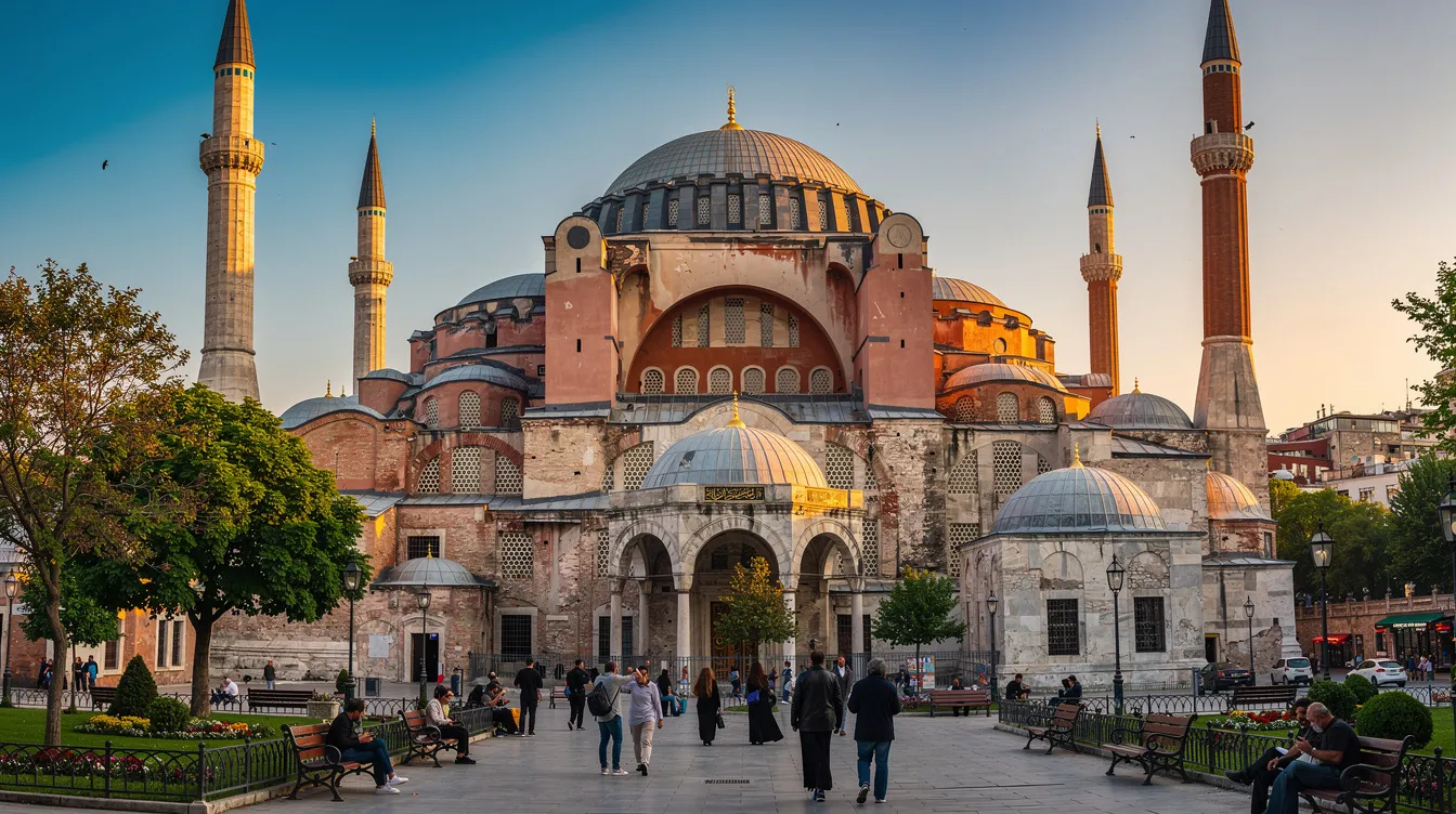 The image showcases the stunning Hagia Sophia, an architectural marvel in Istanbul, featuring its grand dome and intricate mosaics that reflect both Byzantine and Ottoman influences. As a UNESCO World Heritage Site, it serves as a significant symbol of the cultural and religious heritage of both Christianity and Islam, inviting visitors to explore its rich history and stunning architecture.