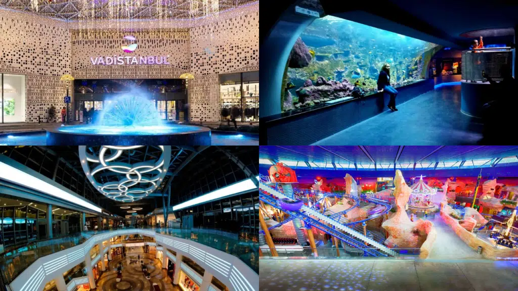 Shopping Centers In Istanbul - 2025 FAQs Vadistanbul Mall on top left, Istanbul Aquarium on top right, Aqua Florya Mall on bottom left, MOI Park on bottom right