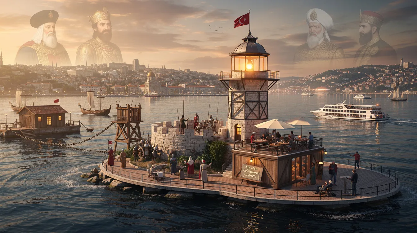 The image depicts the iconic Maiden's Tower, a historic landmark located on a small islet at the entrance of the Bosphorus Strait. Its distinctive silhouette rises against the backdrop of Istanbul's skyline, symbolizing the rich history and architectural beauty of the city.
