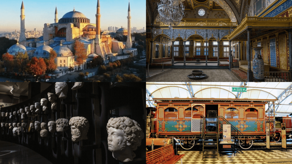 Museums In Istanbul - 2025 FAQs Hagia Sophia top left, Topkapi Palace top right, Istanbul Archaeological Museums bottom left, Rahmi M. Koç Museum bottom right. (Museums in Istanbul)