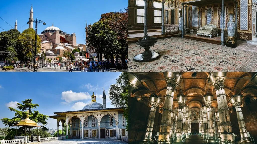 Hagia Sophia 2025 - Ticket Prices, Entrance Fee & Guided Tours Hagia Sophia top left, Topkapi Palace top right and bottom left, Basilica Cistern bottom right.