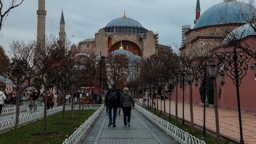 View of iconic Hagia Sophia from Sultanahmet Square in Istanbul, Turkey.