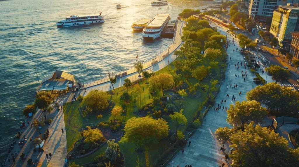 a vibrant afternoon scene captures the historical waterfront parks of karaköy, showcasing intricate ottoman-inspired architectural elements and bustling urban life, with modern ferries gliding across the shimmering bosphorus under a dynamic sky. Karakoy Istanbul