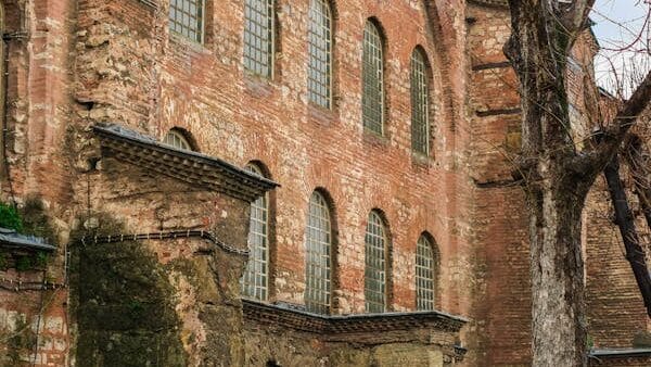 Exterior view of the ancient Hagia Irene church in Istanbul, showcasing its historical architecture.