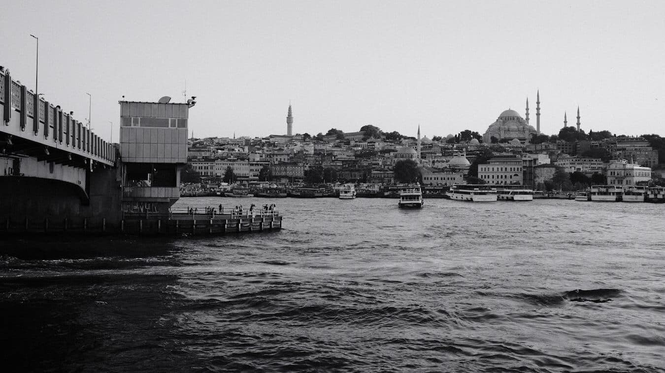 Monochrome view of Istanbul's iconic waterfront featuring the Suleymaniye Mosque and Galata Bridge.
