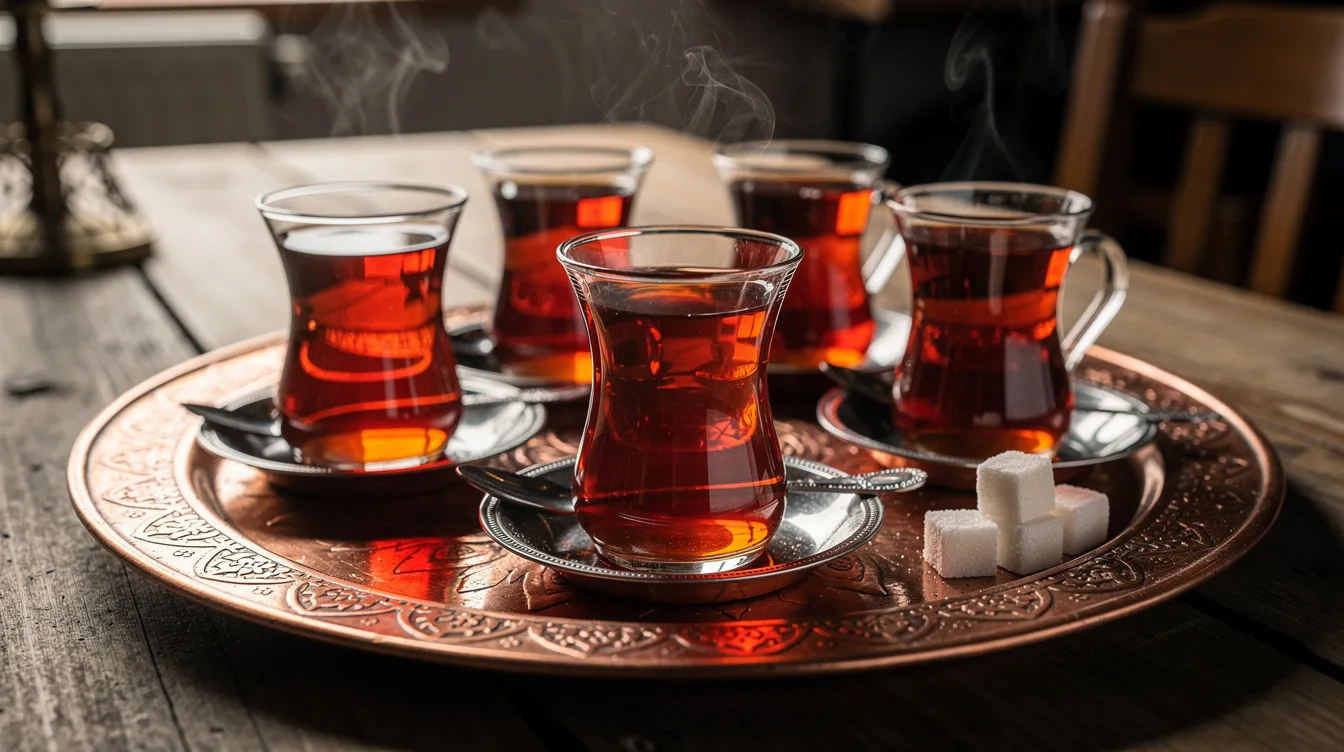 Arasta Bazaar: The Ultimate Guide to Istanbul's Hidden Gem A traditional Turkish tea is elegantly served in tulip-shaped glasses on a polished copper tray, showcasing the rich culture and tradition of Turkey. This delightful presentation is a must-visit experience for those exploring the vibrant bazaars and cafes of Istanbul.