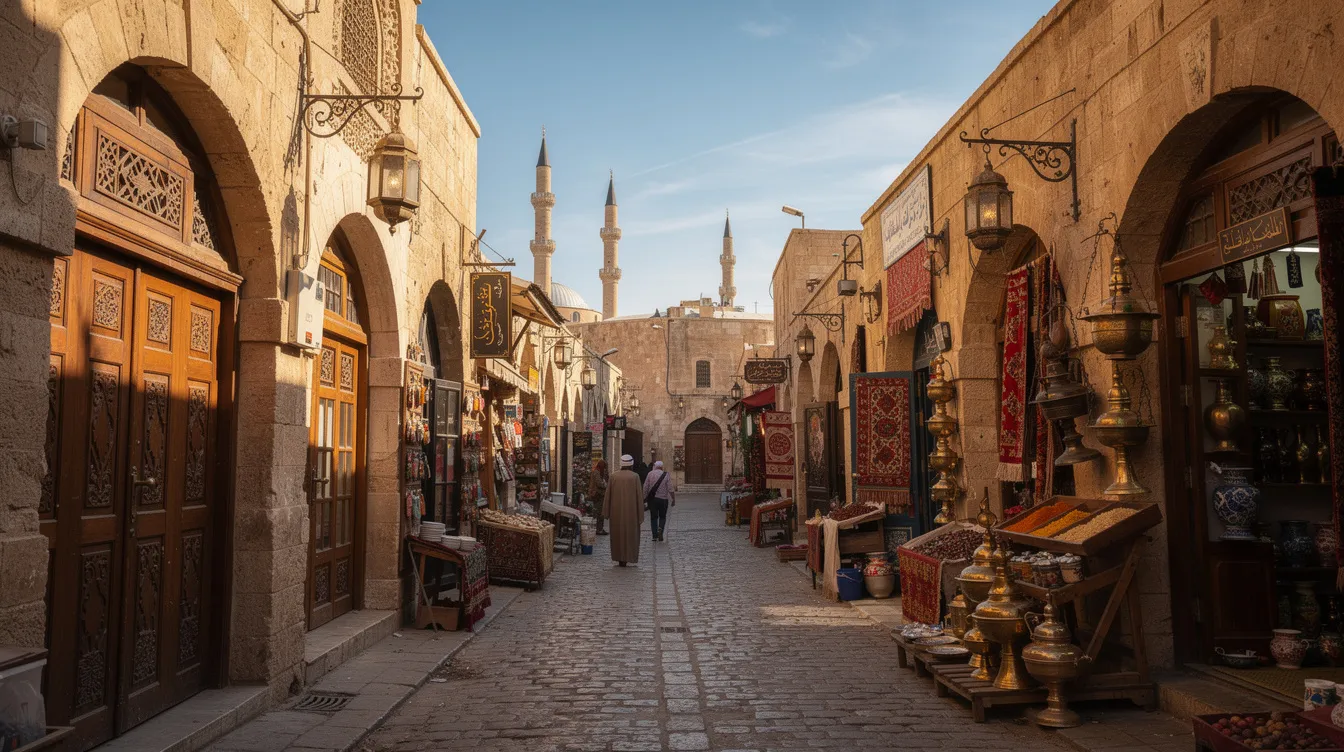 Arasta Bazaar: The Ultimate Guide to Istanbul's Hidden Gem The image depicts a narrow cobblestone lane in a vibrant bazaar, lined with arched shop fronts showcasing traditional Turkish items, such as carpets and ceramics, under a clear blue sky with mosque minarets in the background. This bustling marketplace is a must-visit destination for visitors looking to explore unique souvenirs, enjoy traditional Turkish dishes, and immerse themselves in the rich culture of Istanbul.