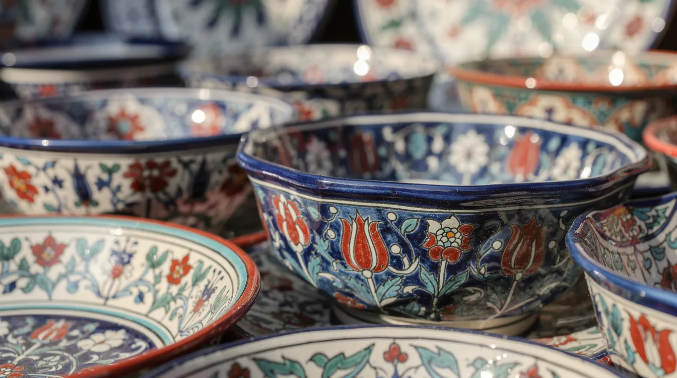 Arasta Bazaar: The Ultimate Guide to Istanbul's Hidden Gem A close-up view of vibrant hand-painted Turkish ceramics showcases intricate blue and red floral patterns, reflecting the rich cultural tradition of Turkey. These unique items are often found in shops selling traditional Turkish dishes, making them a must-visit destination for visitors exploring Istanbul's bazaars.
