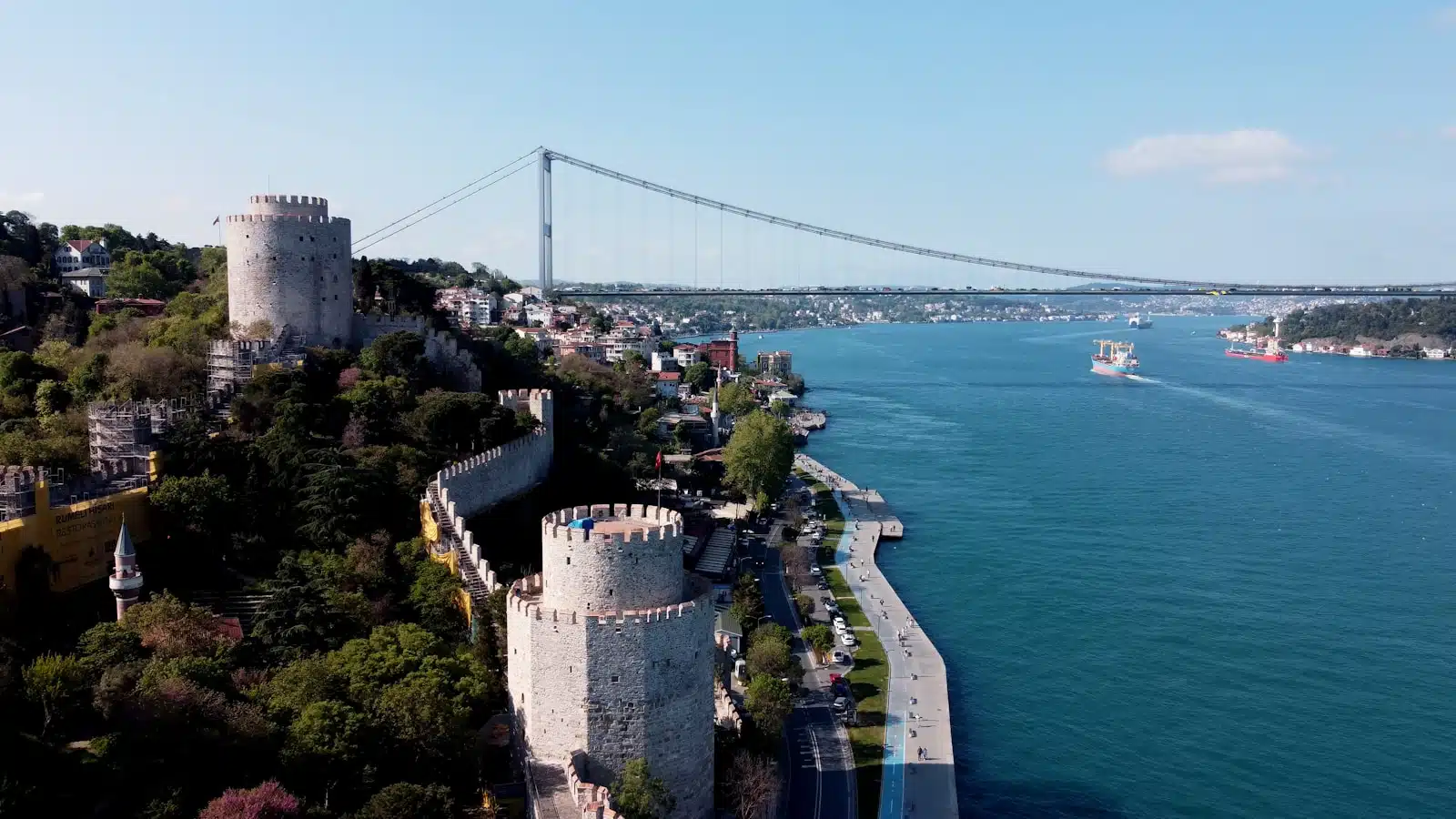 An aerial view of a river and a bridge