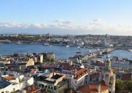 A panoramic view of a city and a harbor