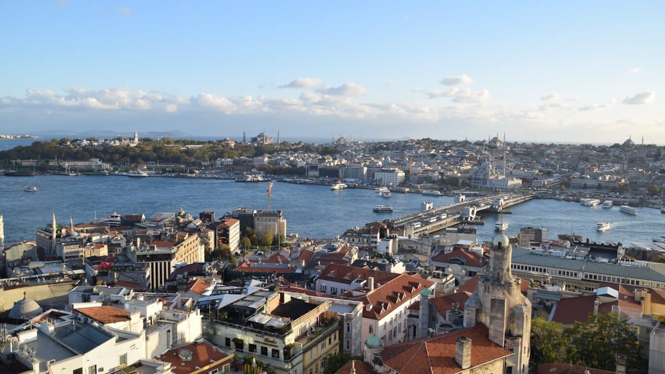 A panoramic view of a city and a harbor