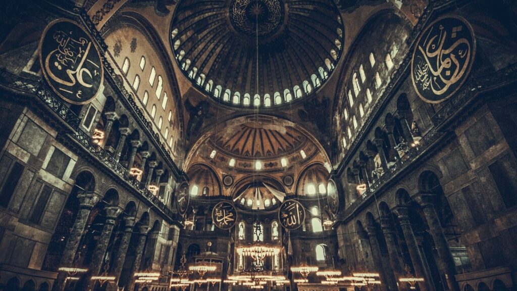 the inside of a large building with many windows