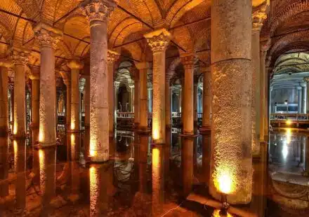 Basilica Cistern architecture interior with columns and reflections.