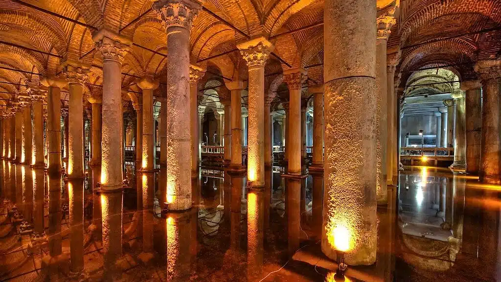 Basilica Cistern architecture interior with columns and reflections.