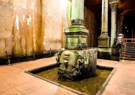 Explore the ancient Medusa sculpture at the Basilica Cistern in Istanbul, Turkey.