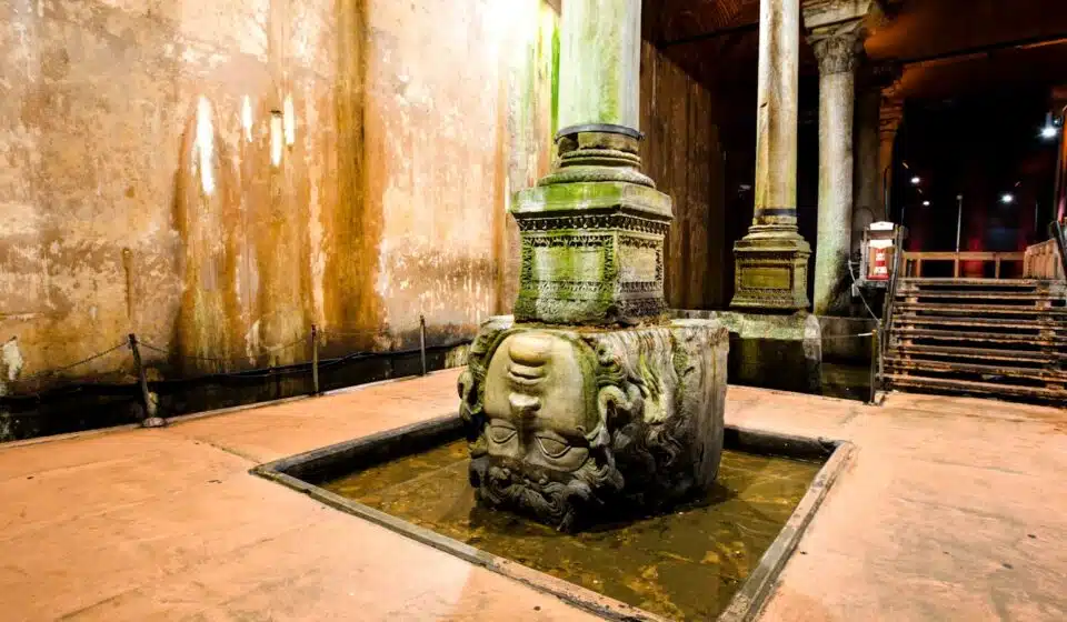 Explore the ancient Medusa sculpture at the Basilica Cistern in Istanbul, Turkey.