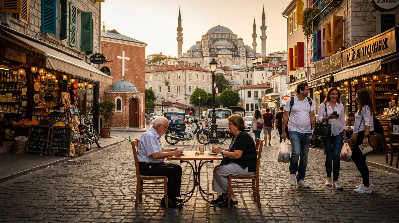 The image depicts a vibrant scene in Istanbul, showcasing the enduring presence of the Greek population amidst the city's rich cultural tapestry. Traditional Greek architecture and the Greek Orthodox Church can be seen, symbolizing the historical legacy and significant role of the Greek community within Istanbul's diverse identity.