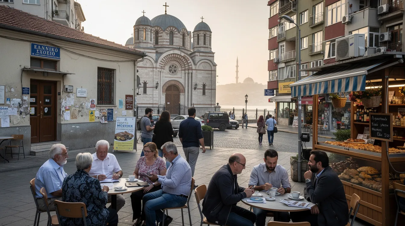 The image depicts a vibrant gathering of the contemporary Greek population in Istanbul, showcasing a cultural event where community members engage in traditional music and cuisine, reflecting their rich heritage amidst the city's diverse landscape. Key institutions like the Hagia Triada Church and St. George's Cathedral are subtly highlighted in the background, symbolizing the enduring spirit of the Greek Orthodox community in modern Turkey.