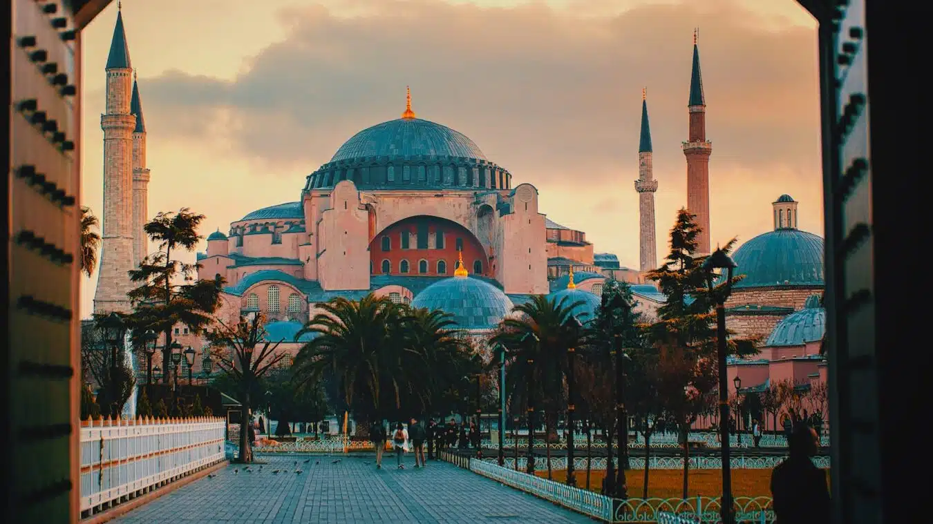 a view of a mosque through an archway