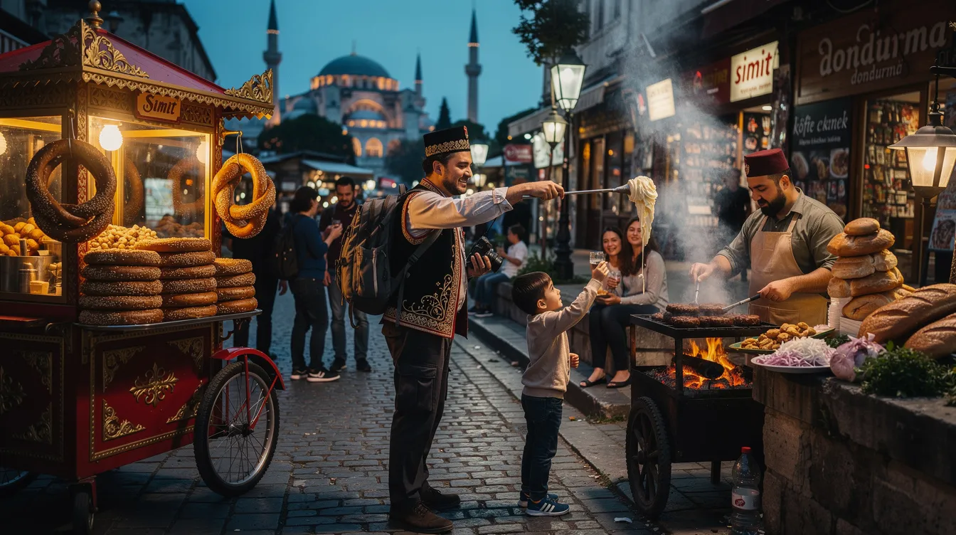 The image captures a bustling street food scene in Sultanahmet, Istanbul, showcasing various vendors serving delicious Turkish street food. From simit and köfte ekmek to sweet dondurma, the vibrant atmosphere reflects the rich culinary culture and traditions that connect locals and travelers alike.
