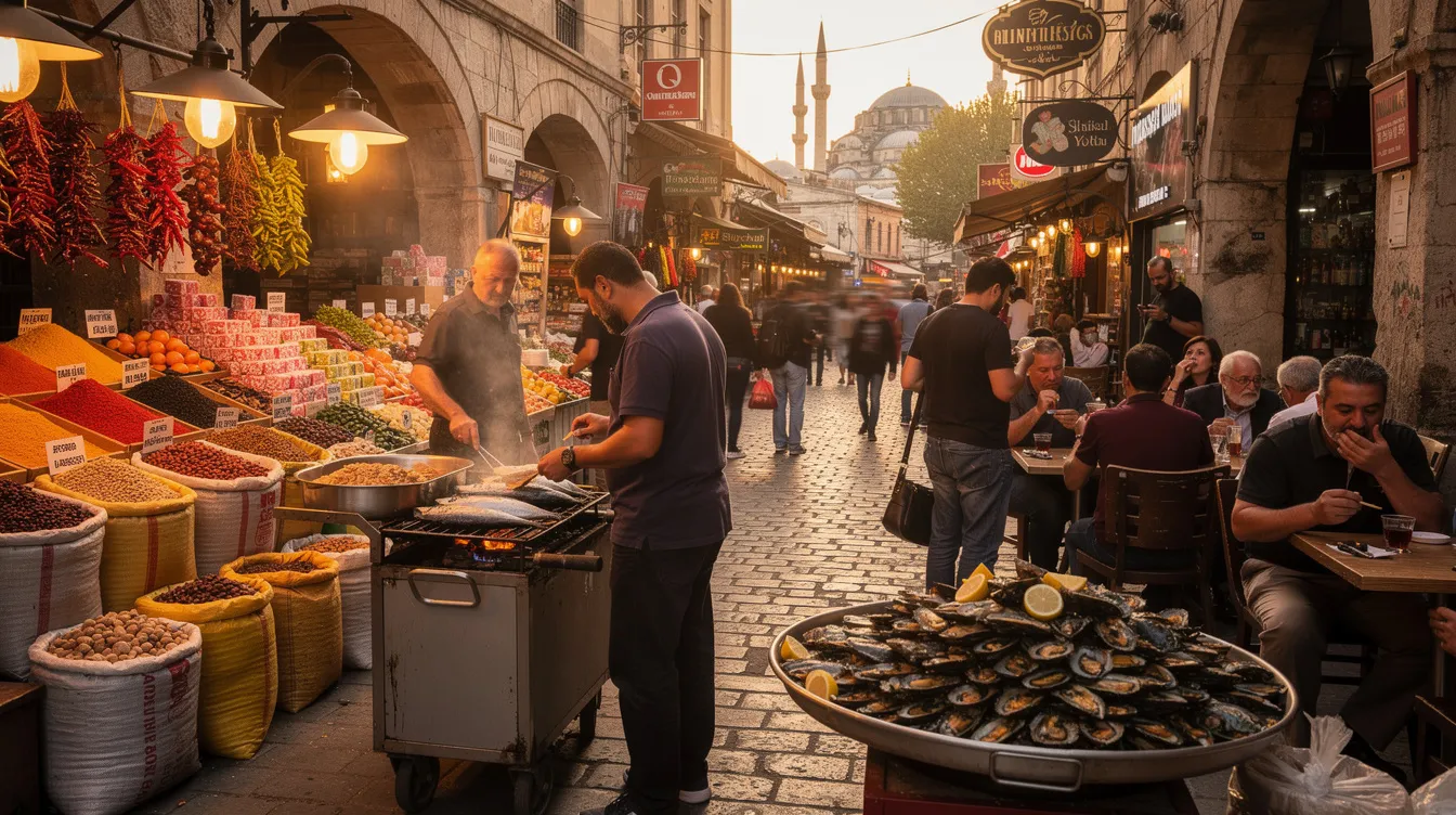 The image depicts a bustling street market in Istanbul's Old City, where vibrant vendors serve a variety of Turkish street food, including fish sandwiches and stuffed mussels. Colorful stalls are adorned with fresh ingredients and spices, while locals and tourists alike explore the rich flavors and culture of this iconic food scene.