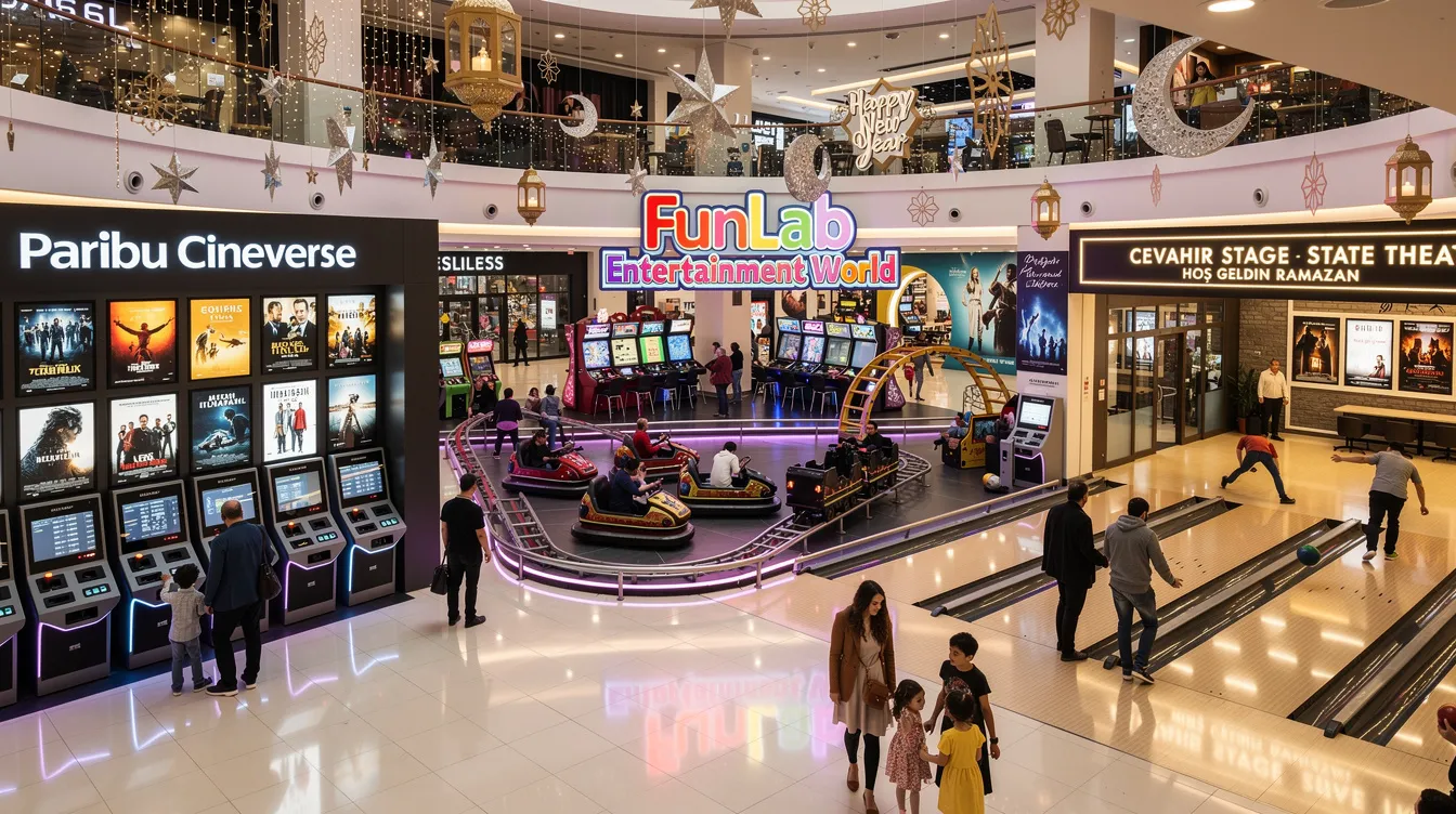 Istanbul Cevahir Shopping Mall – Tourist Guide The image depicts the vibrant entertainment area of Istanbul Cevahir Shopping Mall, featuring the Paribu Cineverse with its 11-screen multiplex, along with the FunLab Entertainment World, which includes arcade games, bumper cars, and a mini roller coaster, making it a perfect destination for families and couples seeking fun and leisure activities. Additionally, the Cevahir Stage showcases Turkish-language dramas and seasonal attractions, enhancing the cultural experience within this large indoor entertainment center in Turkey.