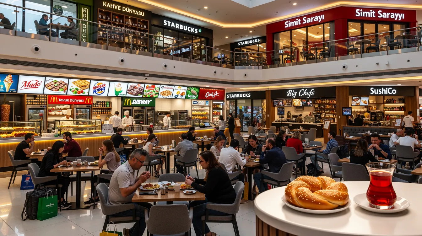 Istanbul Cevahir Shopping Mall – Tourist Guide The image showcases the vibrant dining scene at Istanbul Cevahir Shopping Mall, featuring a variety of fast food and sit-down restaurants, including popular chains like McDonald's and local Turkish eateries such as Tavuk Dünyası. Visitors can enjoy diverse culinary experiences, from quick bites to relaxed family dinners, all within the bustling atmosphere of the mall.