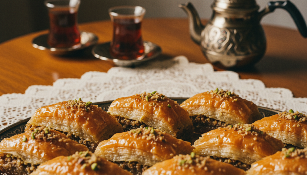 A beautifully arranged plate of baklava, showcasing its rich layers of filo pastry filled with crushed walnuts and pistachios, drizzled generously with honey and aromatic syrup. In the foreground, the baklava pieces are cut into diamond shapes, glistening with a shiny golden hue. The middle ground features a delicate lace tablecloth, adding an elegant touch, while a stunning Turkish tea set is subtly placed in the background. Warm, cinematic lighting bathes the scene, highlighting the textures of the baklava and creating a cozy atmosphere. The image should be captured in 8k resolution with a shallow depth of field, focusing on the baklava while softly blurring the background elements, enhancing the overall inviting mood. A beautifully arranged plate of baklava, showcasing its rich layers of filo pastry filled with crushed walnuts and pistachios, drizzled generously with honey and aromatic syrup. In the foreground, the baklava pieces are cut into diamond shapes, glistening with a shiny golden hue. The middle ground features a delicate lace tablecloth, adding an elegant touch, while a stunning Turkish tea set is subtly placed in the background. Warm, cinematic lighting bathes the scene, highlighting the textures of the baklava and creating a cozy atmosphere. The image should be captured in 8k resolution with a shallow depth of field, focusing on the baklava while softly blurring the background elements, enhancing the overall inviting mood.