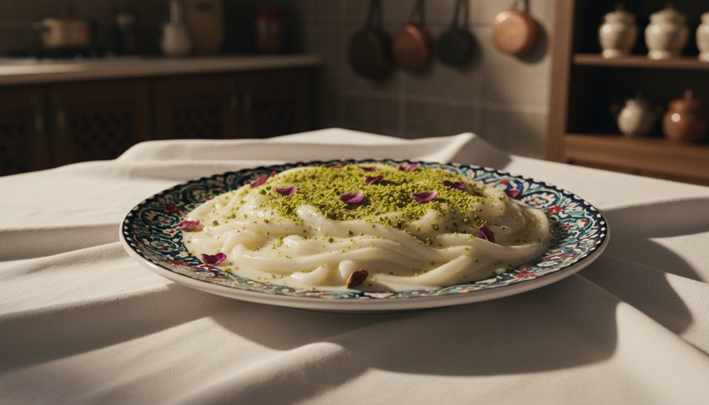 A beautifully arranged plate of güllaç, showcasing its delicate layers of thin rice paper soaked in sweetened milk, garnished with crushed pistachios and roses. In the foreground, the dessert is placed on a traditional Turkish ceramic plate with intricate patterns, highlighted by soft, warm lighting that accentuates the creamy texture and colors. In the middle, a white tablecloth adds elegance, with subtle shadows creating depth. The background features a softly blurred traditional Turkish kitchen with hints of wooden cabinets and decorative elements, enhancing the cultural atmosphere. The overall scene is inviting and luxurious, capturing the essence of a layered milk dessert, presented in vibrant colors and high detail at 8k resolution. A beautifully arranged plate of güllaç, showcasing its delicate layers of thin rice paper soaked in sweetened milk, garnished with crushed pistachios and roses. In the foreground, the dessert is placed on a traditional Turkish ceramic plate with intricate patterns, highlighted by soft, warm lighting that accentuates the creamy texture and colors. In the middle, a white tablecloth adds elegance, with subtle shadows creating depth. The background features a softly blurred traditional Turkish kitchen with hints of wooden cabinets and decorative elements, enhancing the cultural atmosphere. The overall scene is inviting and luxurious, capturing the essence of a layered milk dessert, presented in vibrant colors and high detail at 8k resolution.
