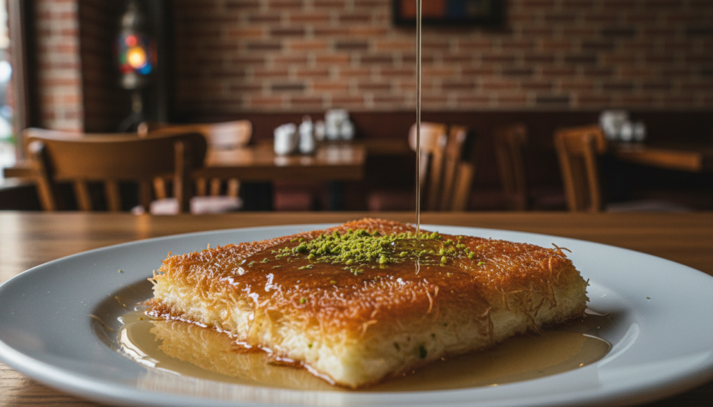 A beautifully arranged plate of künefe sits prominently in the foreground, showcasing its thin, crispy layers of shredded pastry filled with melted cheese, topped with a golden-brown crust. The dish is generously drizzled with glistening syrup, highlighting its sweet and indulgent nature. Crushed pistachios are sprinkled on top, adding a touch of vibrant green. The middle ground features a softly blurred backdrop of a traditional Turkish café setting, with warm wooden decor and ambient lighting that creates an inviting atmosphere. The composition is shot with a shallow depth of field using a 50mm lens, accentuating the dish while maintaining a welcoming, cozy vibe. The cinematic lighting enhances the rich textures of the künefe and the syrup, evoking a sense of comfort and delight. 8k resolution captures every detail. A beautifully arranged plate of künefe sits prominently in the foreground, showcasing its thin, crispy layers of shredded pastry filled with melted cheese, topped with a golden-brown crust. The dish is generously drizzled with glistening syrup, highlighting its sweet and indulgent nature. Crushed pistachios are sprinkled on top, adding a touch of vibrant green. The middle ground features a softly blurred backdrop of a traditional Turkish café setting, with warm wooden decor and ambient lighting that creates an inviting atmosphere. The composition is shot with a shallow depth of field using a 50mm lens, accentuating the dish while maintaining a welcoming, cozy vibe. The cinematic lighting enhances the rich textures of the künefe and the syrup, evoking a sense of comfort and delight. 8k resolution captures every detail.