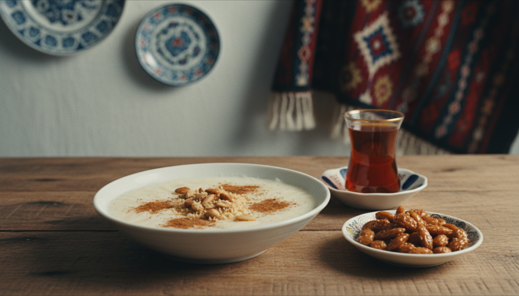 A beautifully arranged serving of keşkül, a traditional Turkish almond pudding, showcased in a delicate porcelain bowl. The foreground features the creamy, smooth texture of the pudding, topped with crushed almonds and a sprinkle of cinnamon, glistening under soft, warm lighting that enhances its rich color. In the middle ground, a small dish of candied almonds and a traditional Turkish tea glass can be seen, inviting and tantalizing. The background is softly blurred, featuring a rustic wooden table and subtle hints of Turkish decorative elements like patterned ceramics and vibrant textiles, creating an authentic atmosphere. The scene is captured with cinematic lighting and intricate textures, executed in 8k resolution to emphasize the delightful details of this dessert, conveying a warm, inviting mood perfect for appreciating the sweet indulgences of Turkish cuisine. A beautifully arranged serving of keşkül, a traditional Turkish almond pudding, showcased in a delicate porcelain bowl. The foreground features the creamy, smooth texture of the pudding, topped with crushed almonds and a sprinkle of cinnamon, glistening under soft, warm lighting that enhances its rich color. In the middle ground, a small dish of candied almonds and a traditional Turkish tea glass can be seen, inviting and tantalizing. The background is softly blurred, featuring a rustic wooden table and subtle hints of Turkish decorative elements like patterned ceramics and vibrant textiles, creating an authentic atmosphere. The scene is captured with cinematic lighting and intricate textures, executed in 8k resolution to emphasize the delightful details of this dessert, conveying a warm, inviting mood perfect for appreciating the sweet indulgences of Turkish cuisine.