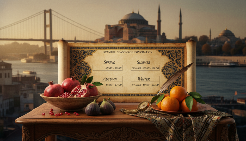 A beautifully composed image capturing an organized display of Istanbul's seasonal visiting hours in a creative way. In the foreground, an elegant wooden table showcases a variety of beautifully arranged seasonal fruits - pomegranates, figs, and oranges, symbolizing Istanbul's rich harvest. The middle ground features a detailed calendar with ornate patterns that highlight different times of the year, emphasizing each season's unique charm. In the background, iconic Istanbul architecture, like the Hagia Sophia and the Bosphorus Bridge, illuminated by warm, golden cinematic lighting, evokes a welcoming atmosphere. High-resolution, detailed textures bring the scene to life, with soft shadows enhancing the depth. The overall mood is vibrant and inviting, perfect for understanding the best times to explore Istanbul's cultural treasures. A beautifully composed image capturing an organized display of Istanbul's seasonal visiting hours in a creative way. In the foreground, an elegant wooden table showcases a variety of beautifully arranged seasonal fruits - pomegranates, figs, and oranges, symbolizing Istanbul's rich harvest. The middle ground features a detailed calendar with ornate patterns that highlight different times of the year, emphasizing each season's unique charm. In the background, iconic Istanbul architecture, like the Hagia Sophia and the Bosphorus Bridge, illuminated by warm, golden cinematic lighting, evokes a welcoming atmosphere. High-resolution, detailed textures bring the scene to life, with soft shadows enhancing the depth. The overall mood is vibrant and inviting, perfect for understanding the best times to explore Istanbul's cultural treasures.