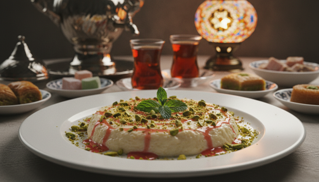 A beautifully plated serving of Tavuk Göğsü, the traditional Turkish chicken breast pudding, takes center stage in the foreground. The pudding is presented in an elegant white dish, smoothly textured and delicately garnished with crushed pistachios, fresh mint leaves, and a drizzle of fragrant rose syrup. In the middle ground, a traditional Turkish tea set and colorful plates featuring assorted Turkish sweets add cultural depth. The background features soft, warm lighting that enhances the rich ivory hues of the pudding, creating an inviting atmosphere. The scene is captured with a sharp focus on the pudding, using a shallow depth of field to gently blur the edges, evoking a cinematic mood. The image is highly detailed, showcasing textures and colors in 8k resolution, ensuring a vivid visual experience. A beautifully plated serving of Tavuk Göğsü, the traditional Turkish chicken breast pudding, takes center stage in the foreground. The pudding is presented in an elegant white dish, smoothly textured and delicately garnished with crushed pistachios, fresh mint leaves, and a drizzle of fragrant rose syrup. In the middle ground, a traditional Turkish tea set and colorful plates featuring assorted Turkish sweets add cultural depth. The background features soft, warm lighting that enhances the rich ivory hues of the pudding, creating an inviting atmosphere. The scene is captured with a sharp focus on the pudding, using a shallow depth of field to gently blur the edges, evoking a cinematic mood. The image is highly detailed, showcasing textures and colors in 8k resolution, ensuring a vivid visual experience.