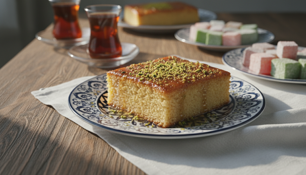 A beautifully plated slice of revani, a traditional Turkish semolina cake, is centered in the foreground, showcasing its moist, golden texture and glistening syrup. The cake is garnished with finely chopped pistachios and served on an ornate blue and white ceramic plate. In the middle ground, a rustic wooden table adds warmth, while a delicate white tablecloth underneath enhances the dish's vibrancy. Soft, natural light filters in from the left, illuminating the cake and creating gentle shadows for depth. In the background, faint hints of Turkish tea and decorative sweets complement the scene, enriching the atmosphere with a cozy, inviting ambiance. Capture this image in 8k resolution, with highly detailed textures and a cinematic feel to convey the delightful experience of savoring this sweet treat. A beautifully plated slice of revani, a traditional Turkish semolina cake, is centered in the foreground, showcasing its moist, golden texture and glistening syrup. The cake is garnished with finely chopped pistachios and served on an ornate blue and white ceramic plate. In the middle ground, a rustic wooden table adds warmth, while a delicate white tablecloth underneath enhances the dish's vibrancy. Soft, natural light filters in from the left, illuminating the cake and creating gentle shadows for depth. In the background, faint hints of Turkish tea and decorative sweets complement the scene, enriching the atmosphere with a cozy, inviting ambiance. Capture this image in 8k resolution, with highly detailed textures and a cinematic feel to convey the delightful experience of savoring this sweet treat.