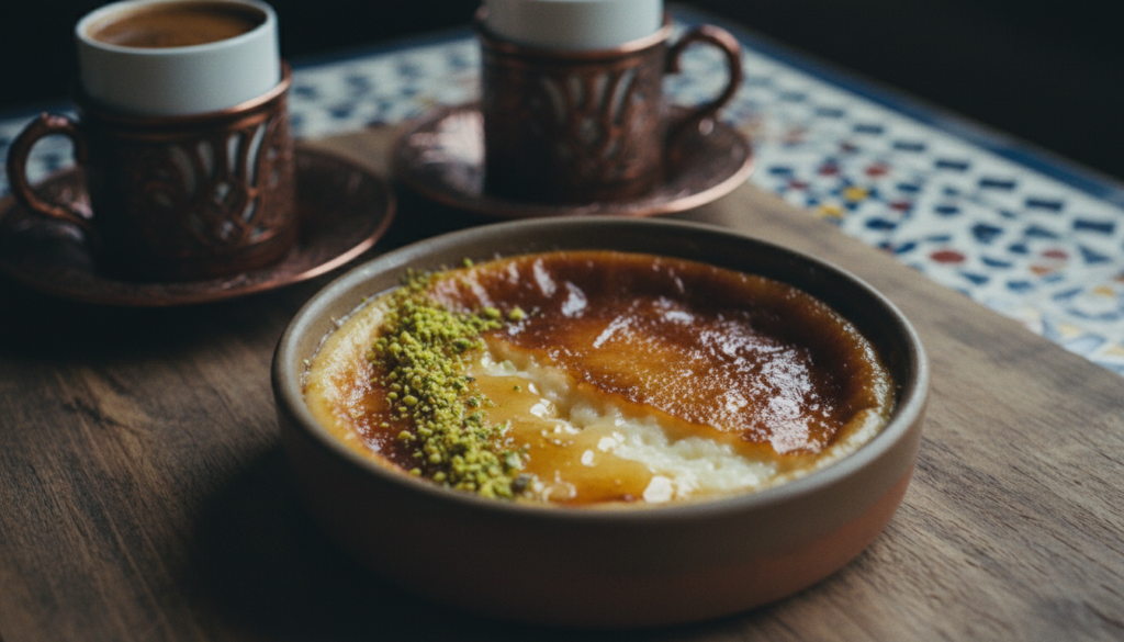 A beautifully presented serving of kazandibi, the traditional Turkish caramelized milk pudding, sits elegantly on a rustic wooden table. The pudding is garnished with a sprinkle of finely crushed pistachios and a delicate drizzle of honey, showcasing its creamy texture and golden caramelized top. Soft, ambient lighting casts a warm glow over the scene, enhancing the rich colors and inviting textures of the dish. In the background, some traditional Turkish coffee cups and a colorful mosaic tile can be seen, providing cultural context and vibrancy. The image captures a sense of indulgence and tradition, inviting the viewer to appreciate this delightful dessert in a cozy, warm atmosphere. Shot with a 50mm lens in 8k resolution for high detail and clarity. A beautifully presented serving of kazandibi, the traditional Turkish caramelized milk pudding, sits elegantly on a rustic wooden table. The pudding is garnished with a sprinkle of finely crushed pistachios and a delicate drizzle of honey, showcasing its creamy texture and golden caramelized top. Soft, ambient lighting casts a warm glow over the scene, enhancing the rich colors and inviting textures of the dish. In the background, some traditional Turkish coffee cups and a colorful mosaic tile can be seen, providing cultural context and vibrancy. The image captures a sense of indulgence and tradition, inviting the viewer to appreciate this delightful dessert in a cozy, warm atmosphere. Shot with a 50mm lens in 8k resolution for high detail and clarity.