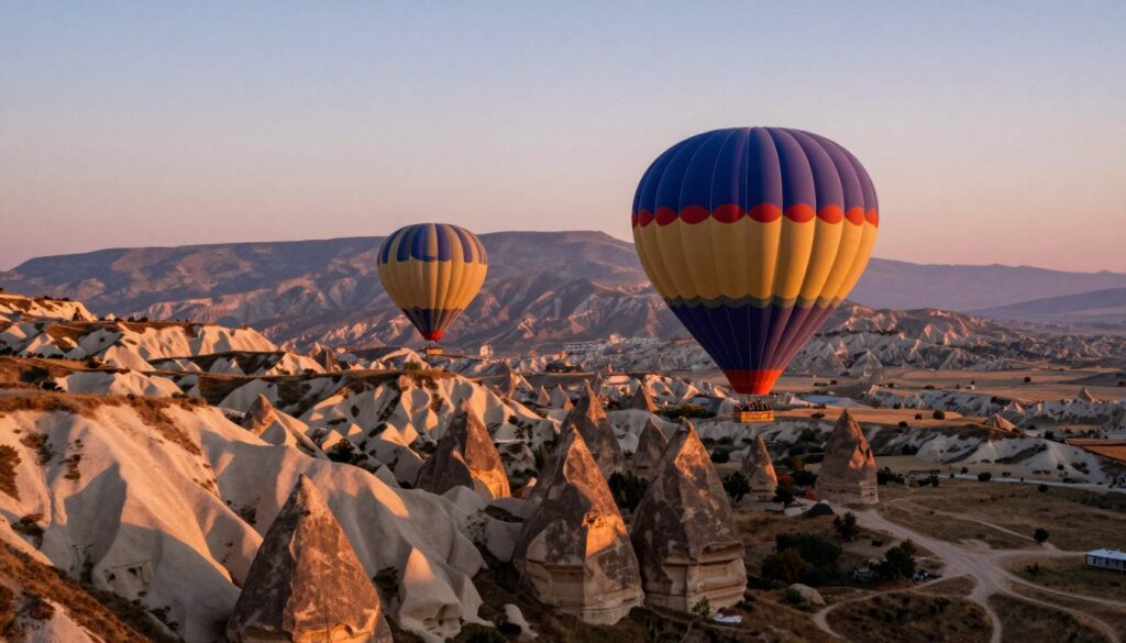 A breathtaking aerial view of a hot air balloon gracefully ascending over the unique rock formations of Cappadocia at sunrise. In the foreground, the vibrant colors of the balloon, adorned with intricate patterns, contrast beautifully against the soft pastel hues of the dawn sky. The middle ground features the iconic fairy chimneys and valleys, intricately detailed with textured rock formations bathed in warm golden light. In the background, the silhouette of distant mountains adds depth to the scene. The image captures the tranquil atmosphere of an early morning adventure, evoking feelings of wonder and exploration. Shot in a raw photographic style with cinematic lighting and sharp details, rendered in 8k resolution to showcase the stunning contrast between the colorful balloon, the rugged terrain, and the serene sky. A breathtaking aerial view of a hot air balloon gracefully ascending over the unique rock formations of Cappadocia at sunrise. In the foreground, the vibrant colors of the balloon, adorned with intricate patterns, contrast beautifully against the soft pastel hues of the dawn sky. The middle ground features the iconic fairy chimneys and valleys, intricately detailed with textured rock formations bathed in warm golden light. In the background, the silhouette of distant mountains adds depth to the scene. The image captures the tranquil atmosphere of an early morning adventure, evoking feelings of wonder and exploration. Shot in a raw photographic style with cinematic lighting and sharp details, rendered in 8k resolution to showcase the stunning contrast between the colorful balloon, the rugged terrain, and the serene sky.