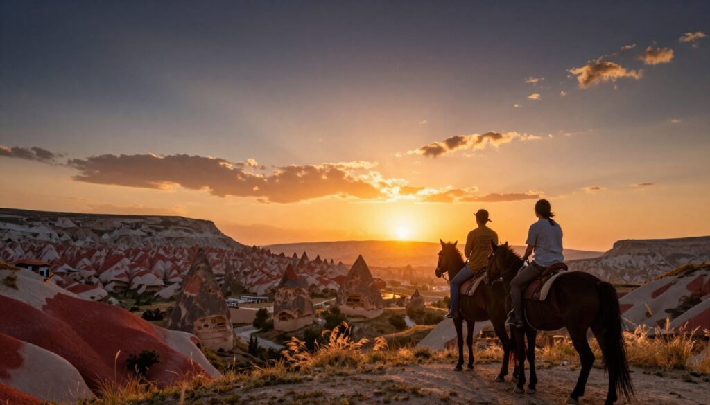 A breathtaking scene of a unique sunset horseback experience in Cappadocia, capturing the warm, golden hues of the setting sun enveloping the rocky formations. In the foreground, two riders dressed in modest casual clothing sit atop their horses, gazing out over the stunning landscape, their silhouettes illuminated by the evening light. The middle ground features whimsical fairy chimneys and valleys, richly detailed in vibrant reds and oranges, while a gentle breeze ruffles the grasses. In the background, the sky transitions from orange to deep indigo, dotted with wispy clouds catching the last light of the day. The composition emphasizes the serene and adventurous spirit of riding, with cinematic lighting that enhances textures, all rendered in high-definition 8k resolution for a remarkable visual impact. A breathtaking scene of a unique sunset horseback experience in Cappadocia, capturing the warm, golden hues of the setting sun enveloping the rocky formations. In the foreground, two riders dressed in modest casual clothing sit atop their horses, gazing out over the stunning landscape, their silhouettes illuminated by the evening light. The middle ground features whimsical fairy chimneys and valleys, richly detailed in vibrant reds and oranges, while a gentle breeze ruffles the grasses. In the background, the sky transitions from orange to deep indigo, dotted with wispy clouds catching the last light of the day. The composition emphasizes the serene and adventurous spirit of riding, with cinematic lighting that enhances textures, all rendered in high-definition 8k resolution for a remarkable visual impact.