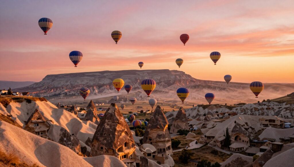 A breathtaking sunrise viewpoint in Cappadocia, featuring dozens of vibrant hot air balloons gracefully rising against the backdrop of an expansive sky painted in shades of orange and pink. In the foreground, a rocky landscape adorned with the unique fairy chimneys and ancient cave dwellings, showcasing intricate textures illuminated by the soft, golden glow of dawn. The middle ground captures the clusters of colorful balloons ascending over rolling hills and valleys, creating a sense of movement and excitement. The background features distant rugged mountains, veiled in a gentle morning mist. The scene is depicted in a raw photographic style, with highly detailed textures that evoke a serene yet awe-inspiring atmosphere, rendered in 8k resolution and enhanced with cinematic lighting to emphasize depth and color vibrancy. A breathtaking sunrise viewpoint in Cappadocia, featuring dozens of vibrant hot air balloons gracefully rising against the backdrop of an expansive sky painted in shades of orange and pink. In the foreground, a rocky landscape adorned with the unique fairy chimneys and ancient cave dwellings, showcasing intricate textures illuminated by the soft, golden glow of dawn. The middle ground captures the clusters of colorful balloons ascending over rolling hills and valleys, creating a sense of movement and excitement. The background features distant rugged mountains, veiled in a gentle morning mist. The scene is depicted in a raw photographic style, with highly detailed textures that evoke a serene yet awe-inspiring atmosphere, rendered in 8k resolution and enhanced with cinematic lighting to emphasize depth and color vibrancy.
