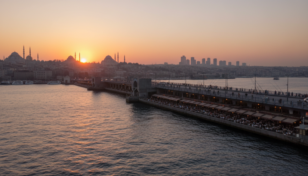 A breathtaking sunset over the Golden Horn, highlighting the silhouette of the iconic Galata Bridge. In the foreground, gently rippling water reflects hues of orange, pink, and purple as the sun dips below the horizon. The bridge, elegantly illuminated, stands as a testament to Istanbul's architectural beauty. In the middle ground, charming waterfront cafés with people enjoying the scenery are visible, creating a lively atmosphere. The background features the skyline of Istanbul, adorned with historic mosques and modern buildings under a dusky sky. The lighting is warm and inviting, evoking a serene yet vibrant mood. Capture this scene with a wide-angle lens to emphasize the expansive beauty of the landscape, ensuring no text or distractions are present. A breathtaking sunset over the Golden Horn, highlighting the silhouette of the iconic Galata Bridge. In the foreground, gently rippling water reflects hues of orange, pink, and purple as the sun dips below the horizon. The bridge, elegantly illuminated, stands as a testament to Istanbul's architectural beauty. In the middle ground, charming waterfront cafés with people enjoying the scenery are visible, creating a lively atmosphere. The background features the skyline of Istanbul, adorned with historic mosques and modern buildings under a dusky sky. The lighting is warm and inviting, evoking a serene yet vibrant mood. Capture this scene with a wide-angle lens to emphasize the expansive beauty of the landscape, ensuring no text or distractions are present.