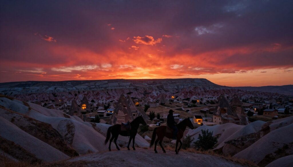 A breathtaking sunset over the unique rock formations of Cappadocia, featuring vibrant red and orange hues melting into a deep indigo sky. In the foreground, a silhouette of a horse and rider gracefully traversing the undulating terrain, with detailed textures on the horse's coat and saddle. The middle ground showcases the iconic fairy chimneys and cave dwellings, softly illuminated by the fading sunlight. In the background, distant mountains create a serene horizon, accentuated by soft, wispy clouds reflecting the sunset colors. The scene is captured with a wide-angle lens, emphasizing the vastness of the landscape, and the mood is tranquil and enchanting, inviting the viewer to experience the magic of Cappadocian sunsets in stunning 8k resolution with cinematic lighting. A breathtaking sunset over the unique rock formations of Cappadocia, featuring vibrant red and orange hues melting into a deep indigo sky. In the foreground, a silhouette of a horse and rider gracefully traversing the undulating terrain, with detailed textures on the horse's coat and saddle. The middle ground showcases the iconic fairy chimneys and cave dwellings, softly illuminated by the fading sunlight. In the background, distant mountains create a serene horizon, accentuated by soft, wispy clouds reflecting the sunset colors. The scene is captured with a wide-angle lens, emphasizing the vastness of the landscape, and the mood is tranquil and enchanting, inviting the viewer to experience the magic of Cappadocian sunsets in stunning 8k resolution with cinematic lighting.