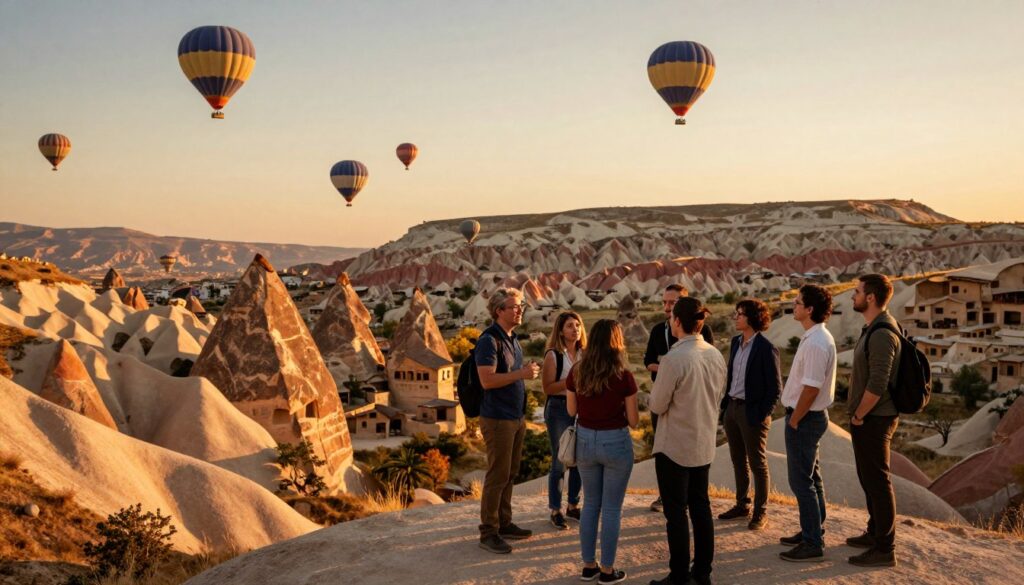 A breathtaking view capturing the essence of Cappadocia, featuring its iconic fairy chimneys and unique rock formations in vibrant colors under a warm, golden sunset. In the foreground, a local guide sharing insider tips with a small group of travelers, all dressed in casual yet professional attire, engaged in animated conversation. The middle ground showcases hot air balloons gently floating against the sky, adding a whimsical touch. The background reveals the stunning, rugged landscape of Cappadocia, with deep valleys and ancient cave dwellings. The scene is bathed in cinematic lighting, enhancing the textures of the rocks and flora, creating a warm and inviting atmosphere. The image is highly detailed, shot in 8k resolution, conveying a sense of discovery and adventure inviting viewers to explore the hidden gems of the region. A breathtaking view capturing the essence of Cappadocia, featuring its iconic fairy chimneys and unique rock formations in vibrant colors under a warm, golden sunset. In the foreground, a local guide sharing insider tips with a small group of travelers, all dressed in casual yet professional attire, engaged in animated conversation. The middle ground showcases hot air balloons gently floating against the sky, adding a whimsical touch. The background reveals the stunning, rugged landscape of Cappadocia, with deep valleys and ancient cave dwellings. The scene is bathed in cinematic lighting, enhancing the textures of the rocks and flora, creating a warm and inviting atmosphere. The image is highly detailed, shot in 8k resolution, conveying a sense of discovery and adventure inviting viewers to explore the hidden gems of the region.