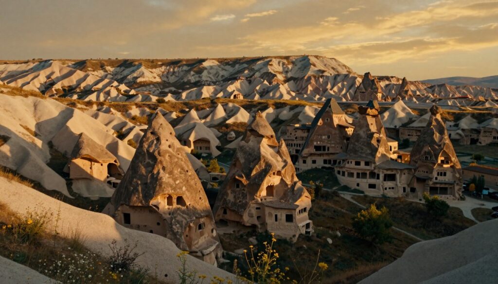 A breathtaking view of Cappadocia's unique landscape showcasing its cultural and historical highlights. In the foreground, feature the iconic fairy chimneys, intricately textured with soft earth tones, surrounded by blooming wildflowers. The middle ground presents ancient rock-cut churches and cave dwellings, their weathered facades rich in history, with a subtle warmth from the setting sun casting long shadows. The background reveals the stunning Gรถreme National Park, with soft, rolling hills and a sky painted in golden hues. Use cinematic lighting to emphasize the textures and details, capturing the mood of serenity and timelessness. The composition should have a wide angle to enhance the grandeur of this remarkable landscape, rendered in 8k resolution for stunning clarity. A breathtaking view of Cappadocia's unique landscape showcasing its cultural and historical highlights. In the foreground, feature the iconic fairy chimneys, intricately textured with soft earth tones, surrounded by blooming wildflowers. The middle ground presents ancient rock-cut churches and cave dwellings, their weathered facades rich in history, with a subtle warmth from the setting sun casting long shadows. The background reveals the stunning Gรถreme National Park, with soft, rolling hills and a sky painted in golden hues. Use cinematic lighting to emphasize the textures and details, capturing the mood of serenity and timelessness. The composition should have a wide angle to enhance the grandeur of this remarkable landscape, rendered in 8k resolution for stunning clarity.