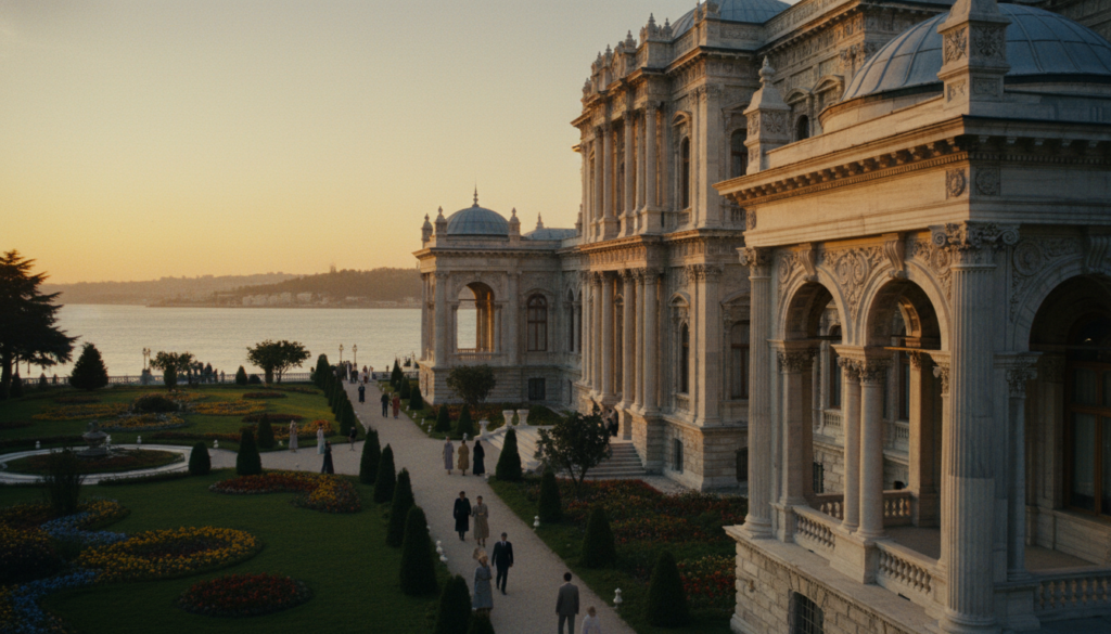 A breathtaking view of Dolmabahce Palace showcasing its grandeur and intricate architecture in the foreground, featuring the ornate details of the palace façade with its magnificent columns and domes. In the middle ground, a lush green garden adorned with colorful flowers frames the palace, with visitors in professional attire admiring the scenery. The background reveals the serene Bosphorus Strait, reflecting the soft, golden hues of a sunset sky. The scene is illuminated by cinematic lighting that enhances the textures of the palace walls and gardens, creating a warm and inviting atmosphere. The composition is captured at a slight angle to emphasize the palace's majestic presence, rendered in stunning 8k resolution. A breathtaking view of Dolmabahce Palace showcasing its grandeur and intricate architecture in the foreground, featuring the ornate details of the palace façade with its magnificent columns and domes. In the middle ground, a lush green garden adorned with colorful flowers frames the palace, with visitors in professional attire admiring the scenery. The background reveals the serene Bosphorus Strait, reflecting the soft, golden hues of a sunset sky. The scene is illuminated by cinematic lighting that enhances the textures of the palace walls and gardens, creating a warm and inviting atmosphere. The composition is captured at a slight angle to emphasize the palace's majestic presence, rendered in stunning 8k resolution.