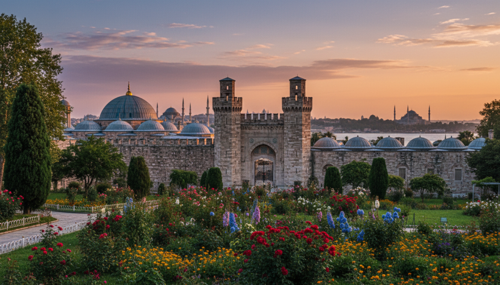 A breathtaking view of Topkapi Palace in Istanbul, showcasing its intricate Ottoman architecture with large domes and stunning tile work. In the foreground, lush green gardens filled with colorful flowers and ancient trees create a serene atmosphere. The middle ground features the palace's grand entrance, adorned with decorative arches and majestic gates. The background highlights the iconic silhouette of the city skyline under a vibrant sunset, casting warm golden hues across the scene. The image is captured with a wide-angle lens to emphasize depth, featuring cinematic lighting that enhances the textures of the palace's stone walls. The mood is tranquil yet awe-inspiring, inviting viewers to immerse in the historical beauty of this famous landmark. 8k resolution, highly detailed, raw photograph quality. A breathtaking view of Topkapi Palace in Istanbul, showcasing its intricate Ottoman architecture with large domes and stunning tile work. In the foreground, lush green gardens filled with colorful flowers and ancient trees create a serene atmosphere. The middle ground features the palace's grand entrance, adorned with decorative arches and majestic gates. The background highlights the iconic silhouette of the city skyline under a vibrant sunset, casting warm golden hues across the scene. The image is captured with a wide-angle lens to emphasize depth, featuring cinematic lighting that enhances the textures of the palace's stone walls. The mood is tranquil yet awe-inspiring, inviting viewers to immerse in the historical beauty of this famous landmark. 8k resolution, highly detailed, raw photograph quality.