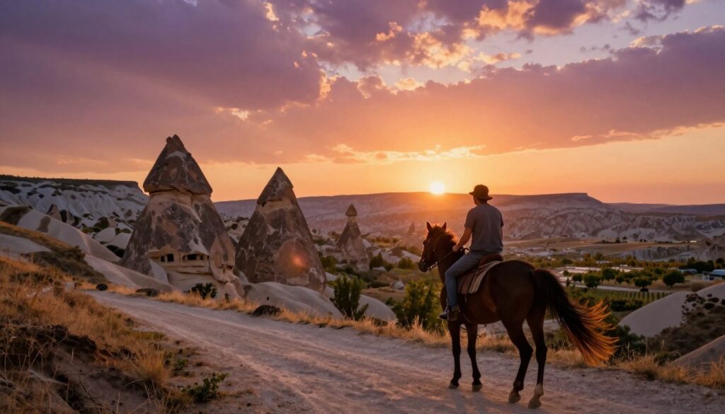 A breathtaking view of sunset horseback riding in the Cappadocia valleys. In the foreground, a rider in modest casual clothing gently guides their horse along a dusty trail, the horse's mane flowing in the soft breeze. The middle ground showcases unique rock formations, known as fairy chimneys, bathed in warm golden and amber hues as the sun begins to set. The sky is a dramatic canvas of oranges, pinks, and purples, reflecting the tranquil mood of the scene. In the background, rolling hills and vineyards stretch towards the horizon under a glowing sunset. The scene is captured with cinematic lighting, highly detailed textures, and in 8k resolution to evoke a sense of adventure and serenity. A breathtaking view of sunset horseback riding in the Cappadocia valleys. In the foreground, a rider in modest casual clothing gently guides their horse along a dusty trail, the horse's mane flowing in the soft breeze. The middle ground showcases unique rock formations, known as fairy chimneys, bathed in warm golden and amber hues as the sun begins to set. The sky is a dramatic canvas of oranges, pinks, and purples, reflecting the tranquil mood of the scene. In the background, rolling hills and vineyards stretch towards the horizon under a glowing sunset. The scene is captured with cinematic lighting, highly detailed textures, and in 8k resolution to evoke a sense of adventure and serenity.