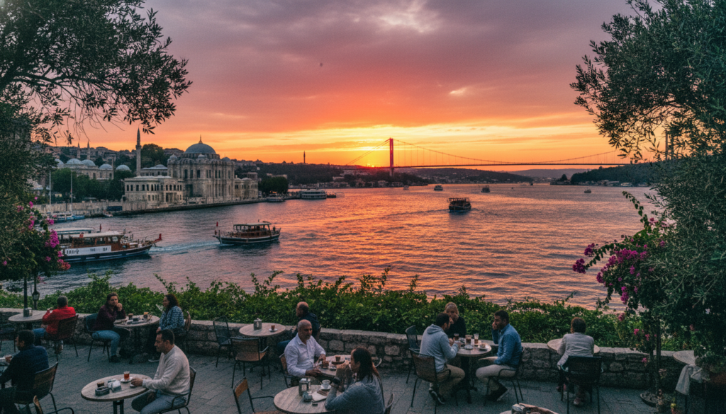 A breathtaking view of the Bosphorus Strait at sunset, capturing the vibrant colors of the sky reflected on the water. In the foreground, lush greenery frames the scene, with a charming waterfront café featuring patrons in modest casual clothing enjoying their drinks. The middle ground showcases the iconic silhouettes of historic buildings along the shore, including the ornate Dolmabahçe Palace and subtle glimpses of boats gently cruising the waters. In the background, the famous Bosphorus Bridge spans the strait, illuminated with soft, warm lights. The mood is serene and inviting, enhanced by cinematic lighting that casts a golden hue over the landscape. Captured in highly detailed textures and 8k resolution, ensure a raw photographic quality that immerses viewers in this enchanting Istanbul moment. A breathtaking view of the Bosphorus Strait at sunset, capturing the vibrant colors of the sky reflected on the water. In the foreground, lush greenery frames the scene, with a charming waterfront café featuring patrons in modest casual clothing enjoying their drinks. The middle ground showcases the iconic silhouettes of historic buildings along the shore, including the ornate Dolmabahçe Palace and subtle glimpses of boats gently cruising the waters. In the background, the famous Bosphorus Bridge spans the strait, illuminated with soft, warm lights. The mood is serene and inviting, enhanced by cinematic lighting that casts a golden hue over the landscape. Captured in highly detailed textures and 8k resolution, ensure a raw photographic quality that immerses viewers in this enchanting Istanbul moment.