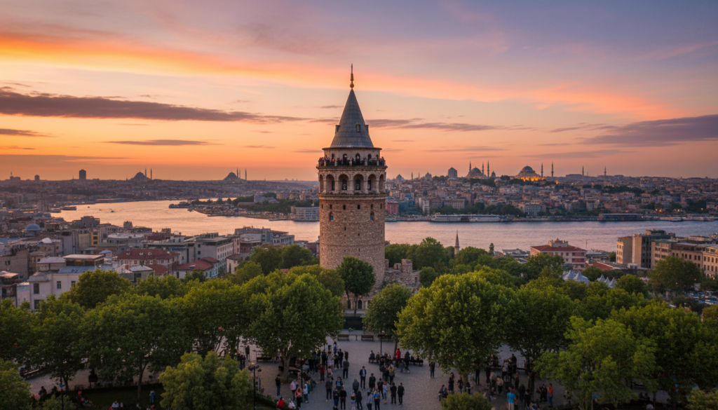 A breathtaking view of the Galata Tower standing majestically against the skyline of Istanbul, capturing its stone facade adorned with turrets and a conical roof. In the foreground, include lush green trees framing the scene, with people in modest casual clothing enjoying the view. The middle ground features the tower prominently, while the enchanting Golden Horn glimmers in the background, reflecting the warm light of a sunset. Soft golden hues illuminate the scene, with wisps of clouds adding a touch of drama to the sky. The angle should be slightly elevated, giving a sense of grandeur and perspective, showcasing the vitality of the city. The overall mood is warm and inviting, emphasizing the historic charm and beauty of this iconic landmark. A breathtaking view of the Galata Tower standing majestically against the skyline of Istanbul, capturing its stone facade adorned with turrets and a conical roof. In the foreground, include lush green trees framing the scene, with people in modest casual clothing enjoying the view. The middle ground features the tower prominently, while the enchanting Golden Horn glimmers in the background, reflecting the warm light of a sunset. Soft golden hues illuminate the scene, with wisps of clouds adding a touch of drama to the sky. The angle should be slightly elevated, giving a sense of grandeur and perspective, showcasing the vitality of the city. The overall mood is warm and inviting, emphasizing the historic charm and beauty of this iconic landmark.