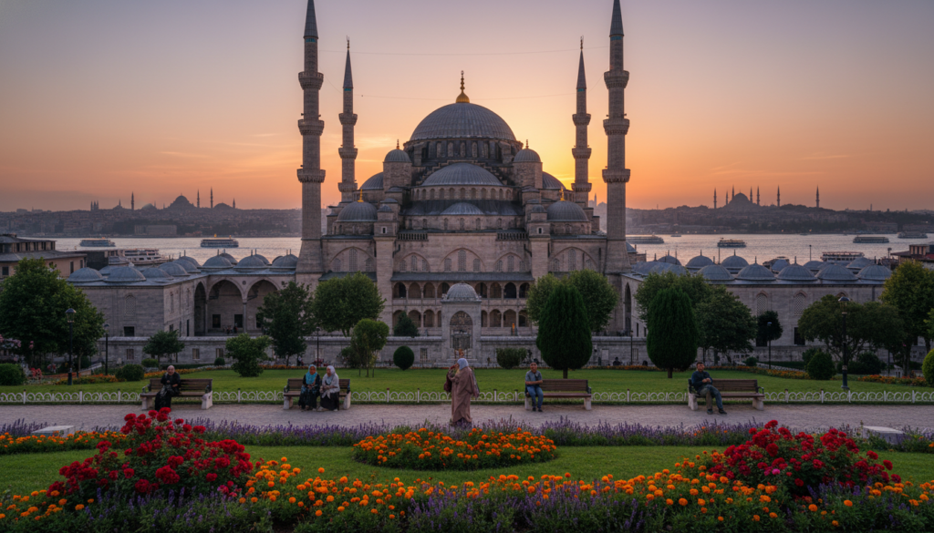 A breathtaking view of the Süleymaniye Mosque at sunset, showcasing its grand architecture with towering minarets and a large central dome. In the foreground, lush green gardens with vibrant flowers invite visitors, while a few people, dressed in modest casual clothing, engage in quiet contemplation, admiring the mosque’s beauty. The middle ground highlights the intricate details of the mosque’s façade, with warm golden hues reflecting the setting sun. In the background, a panoramic view of Istanbul's skyline and the Bosphorus glimmers under soft, ambient lighting. The atmosphere is serene and inviting, conveying a sense of tranquility and cultural richness, perfect for exploration. The angle captures both the mosque and the surrounding landscape symmetrically, emphasizing its significance as an iconic landmark. A breathtaking view of the Süleymaniye Mosque at sunset, showcasing its grand architecture with towering minarets and a large central dome. In the foreground, lush green gardens with vibrant flowers invite visitors, while a few people, dressed in modest casual clothing, engage in quiet contemplation, admiring the mosque’s beauty. The middle ground highlights the intricate details of the mosque’s façade, with warm golden hues reflecting the setting sun. In the background, a panoramic view of Istanbul's skyline and the Bosphorus glimmers under soft, ambient lighting. The atmosphere is serene and inviting, conveying a sense of tranquility and cultural richness, perfect for exploration. The angle captures both the mosque and the surrounding landscape symmetrically, emphasizing its significance as an iconic landmark.